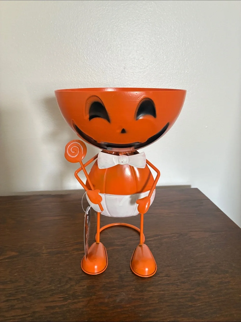 NWT- Orange Metal Jack-o-lantern Pumpkin Man Halloween Candy Bowl